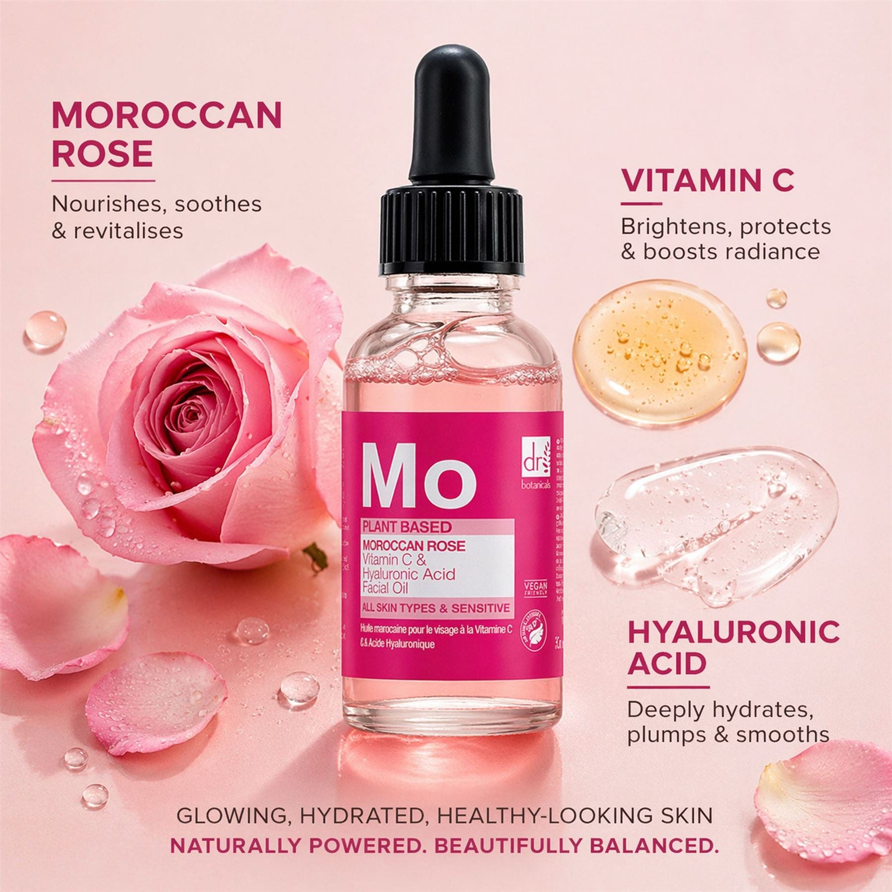 Huile visage à la rose marocaine, à l'acide hyaluronique et à la vitamine C, 30 ml