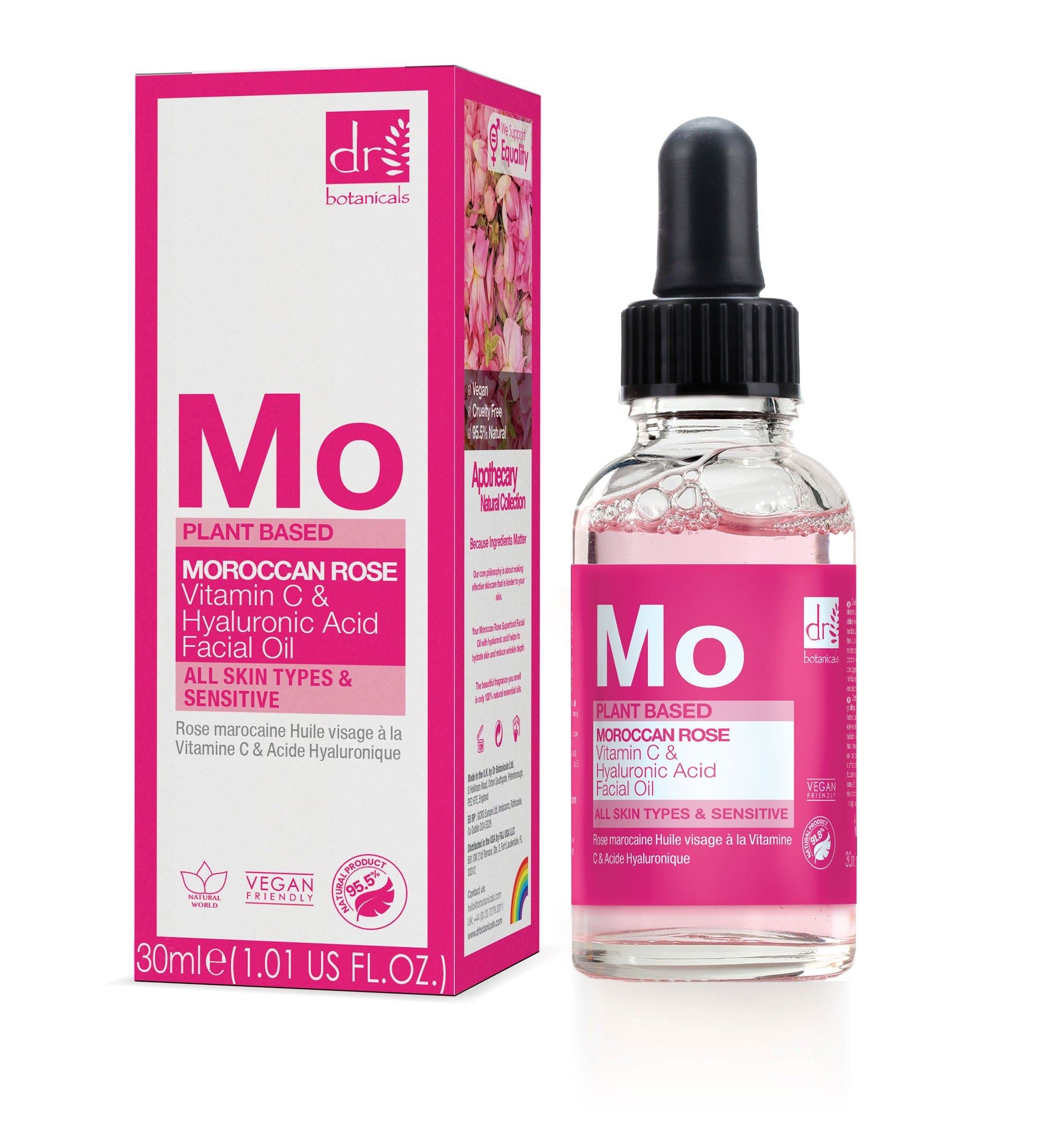 Huile visage anti-âge à la rose marocaine, à l'acide hyaluronique et à la vitamine C, 15 ml et 30 ml