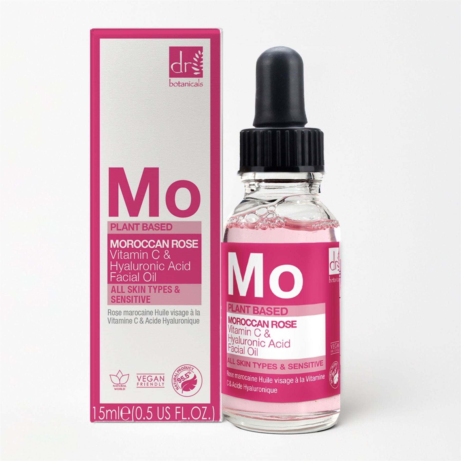 Huile visage à la rose marocaine, à l'acide hyaluronique et à la vitamine C, 15 ml