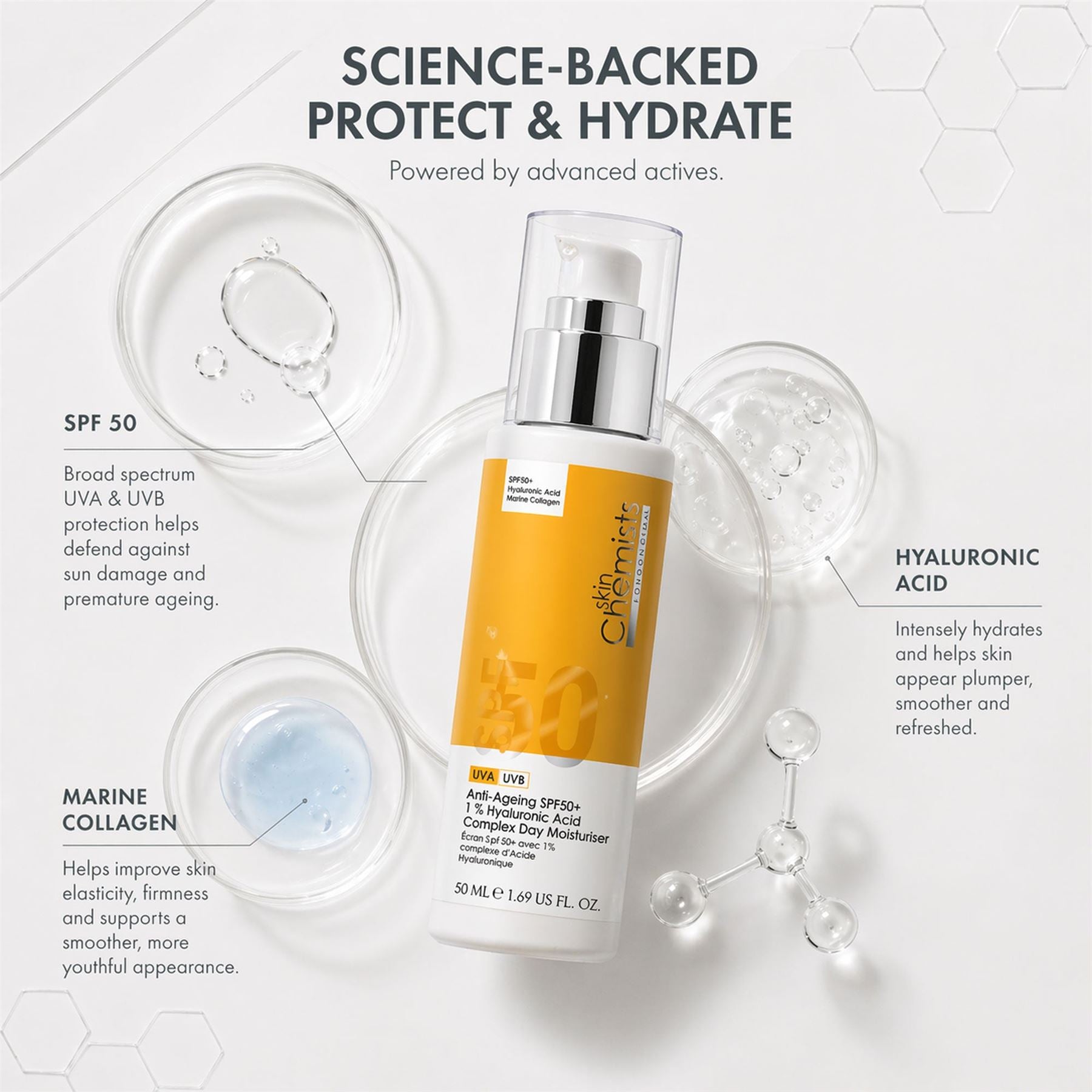 Crème de jour anti-âge SPF 50 à 1 % d'acide hyaluronique 50 ml