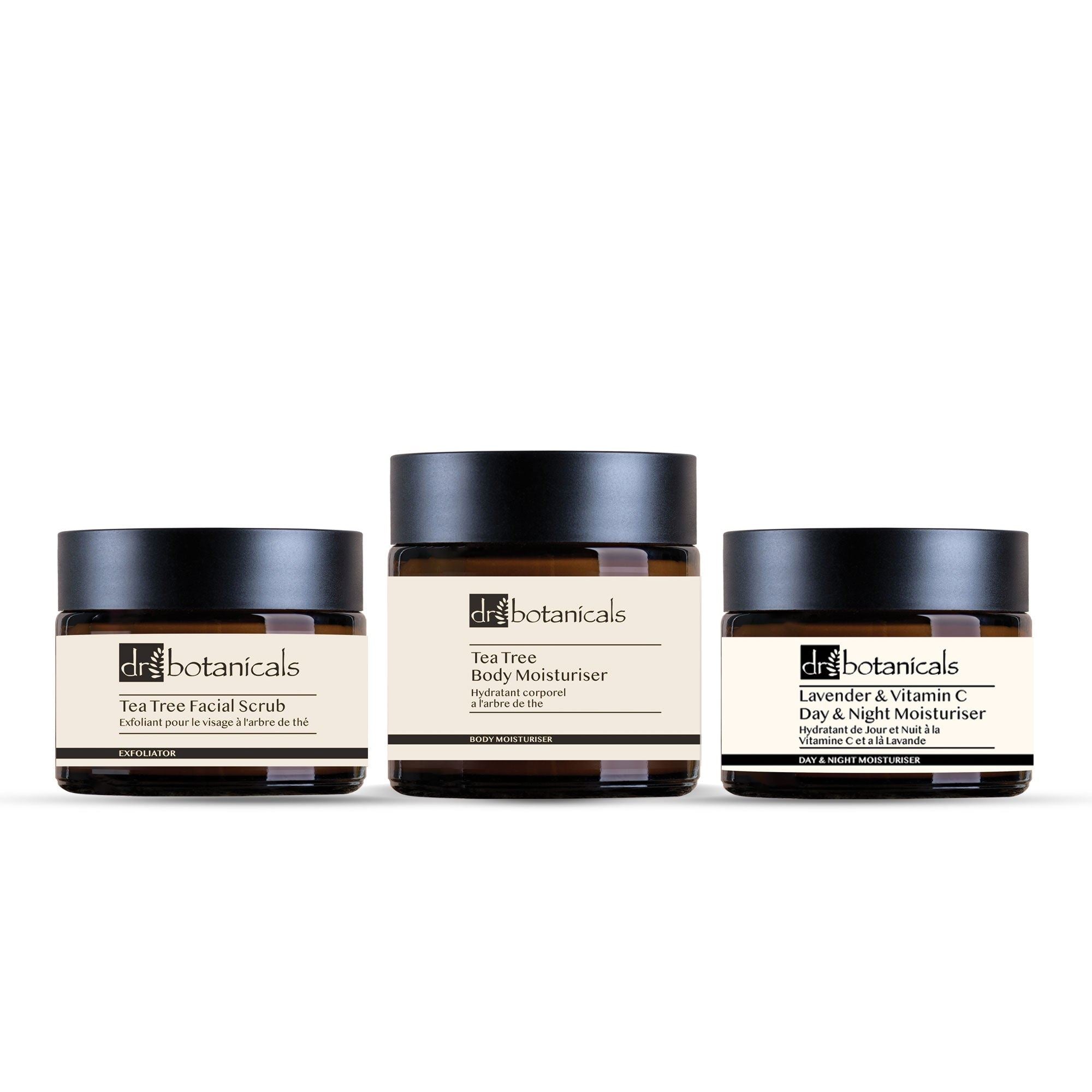 Gommage visage à l'arbre à thé, Crème hydratante jour et nuit à la lavande et à la vitamine C, Crème hydratante corps à l'arbre à thé
