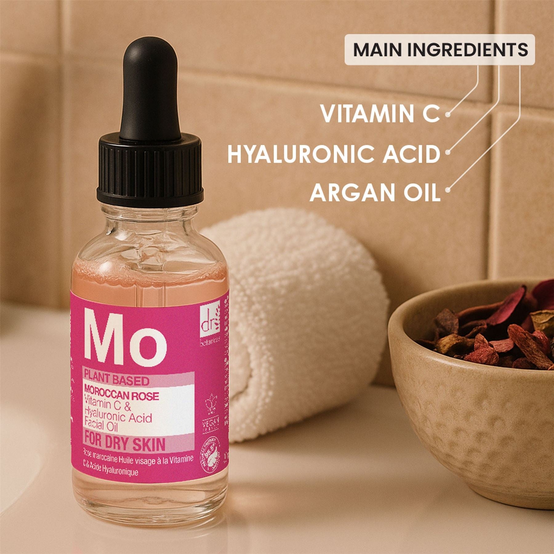 Huile visage à la rose marocaine, à l'acide hyaluronique et à la vitamine C, 30 ml