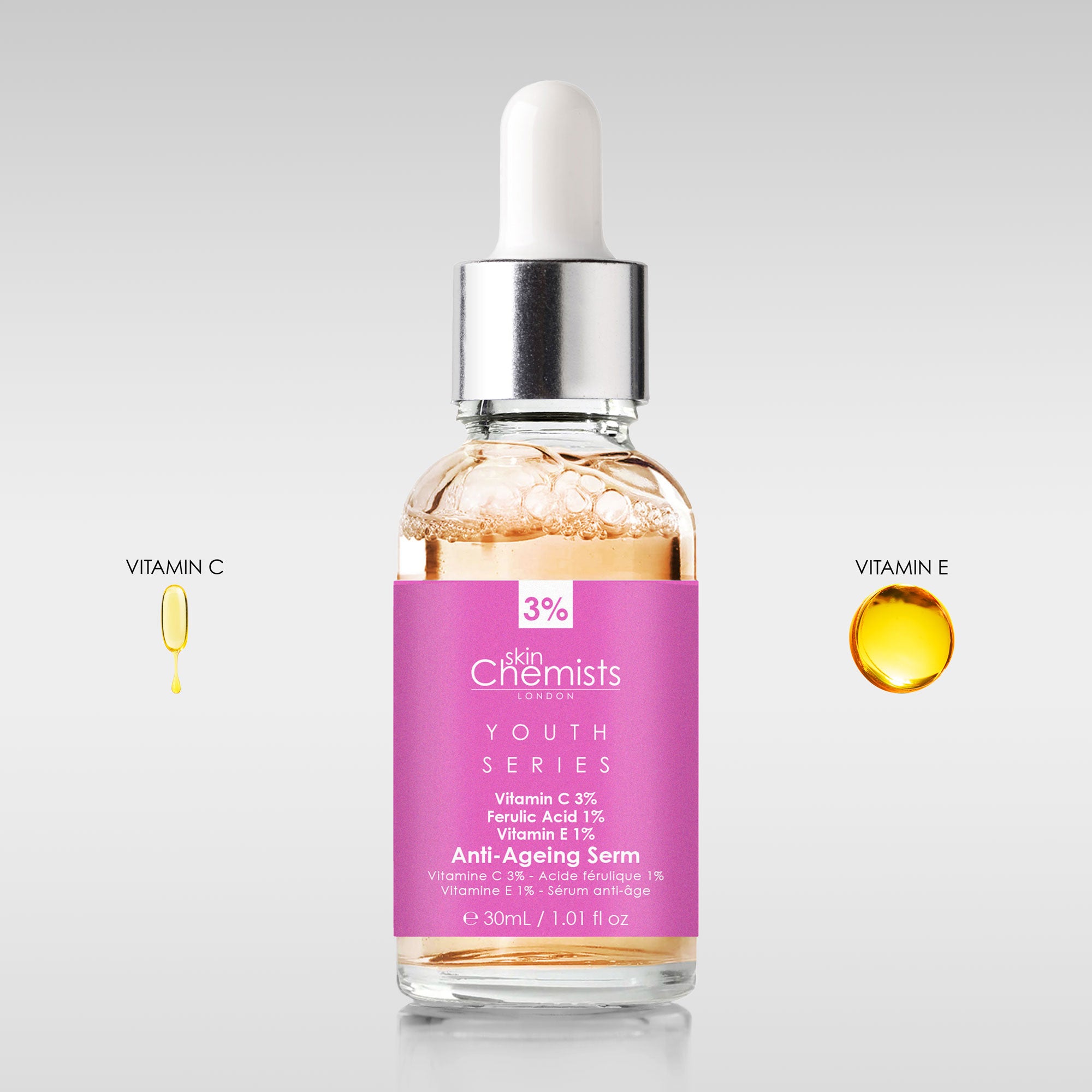 Anti-Aging-Serum der Youth Series mit 3 % Vitamin C, 1 % Ferulasäure und 1 % Vitamin E, 30 ml