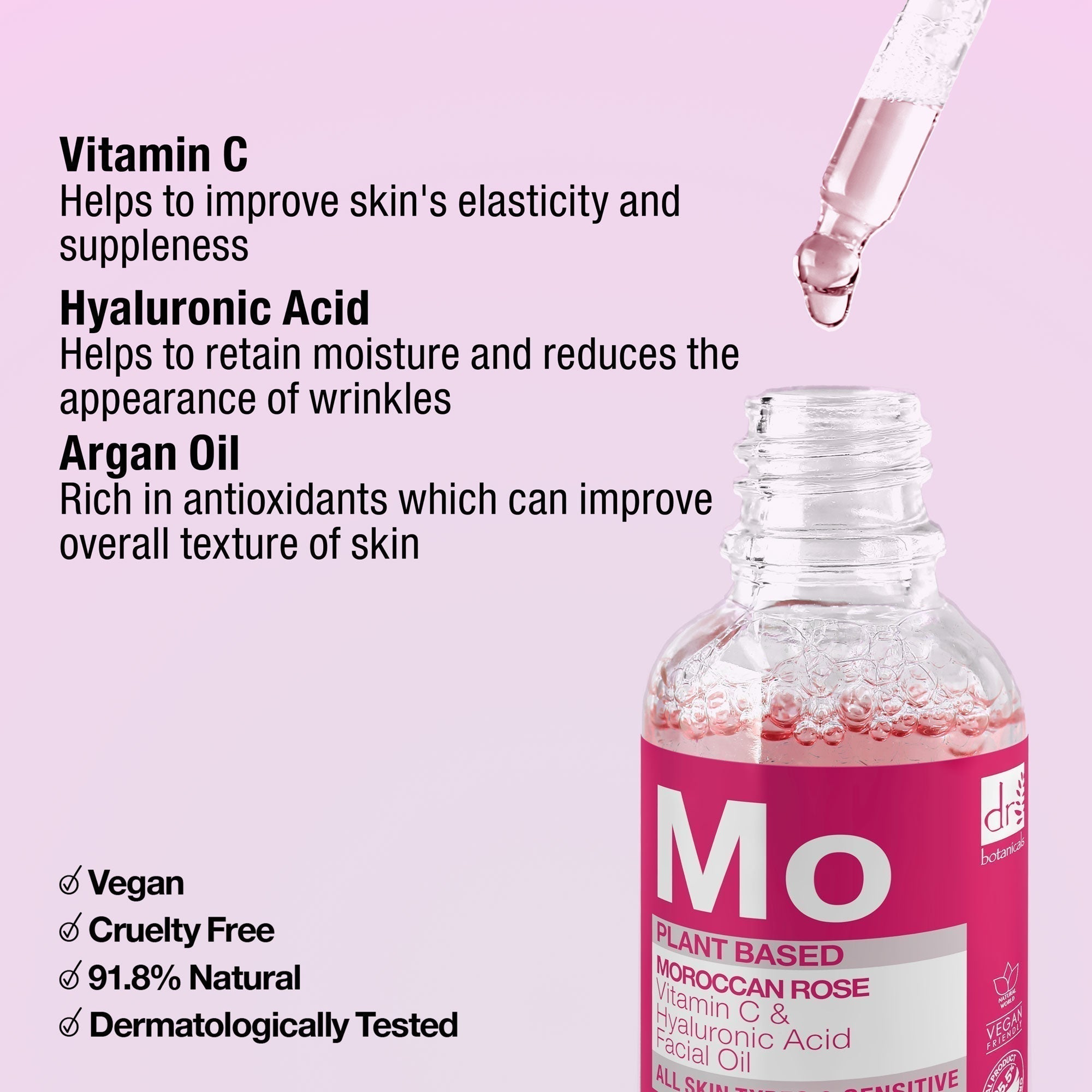 Huile visage à la rose marocaine, à l'acide hyaluronique et à la vitamine C, 15 ml