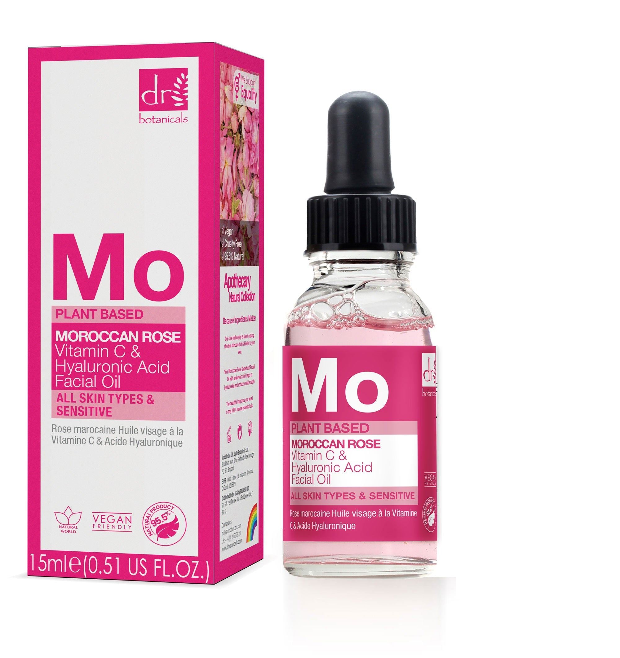 Huile visage anti-âge à la rose marocaine, à l'acide hyaluronique et à la vitamine C, 15 ml et 30 ml