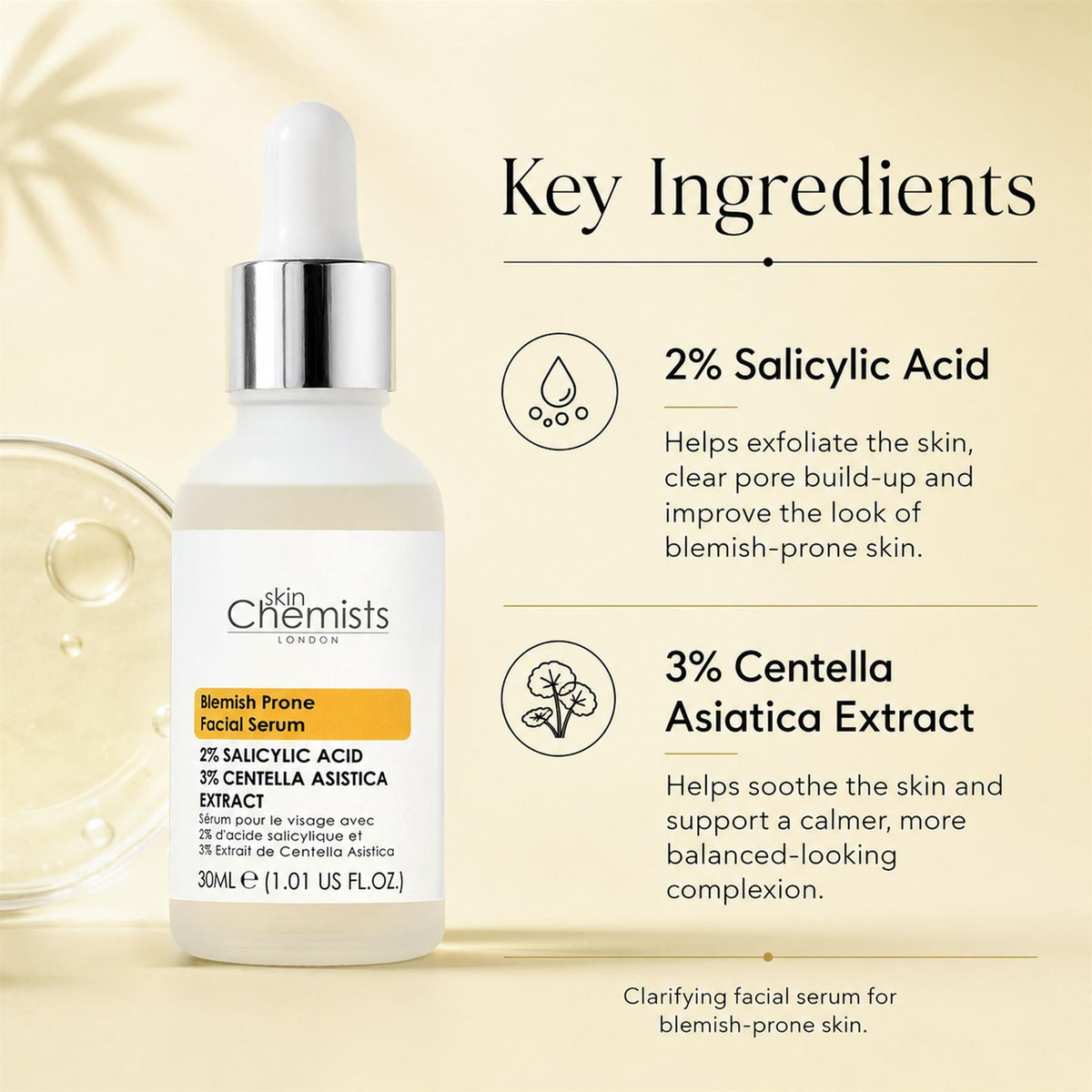 Sérum facial para pieles con tendencia a las imperfecciones con ácido salicílico al 2% y Centella asiatica al 3% 30ml