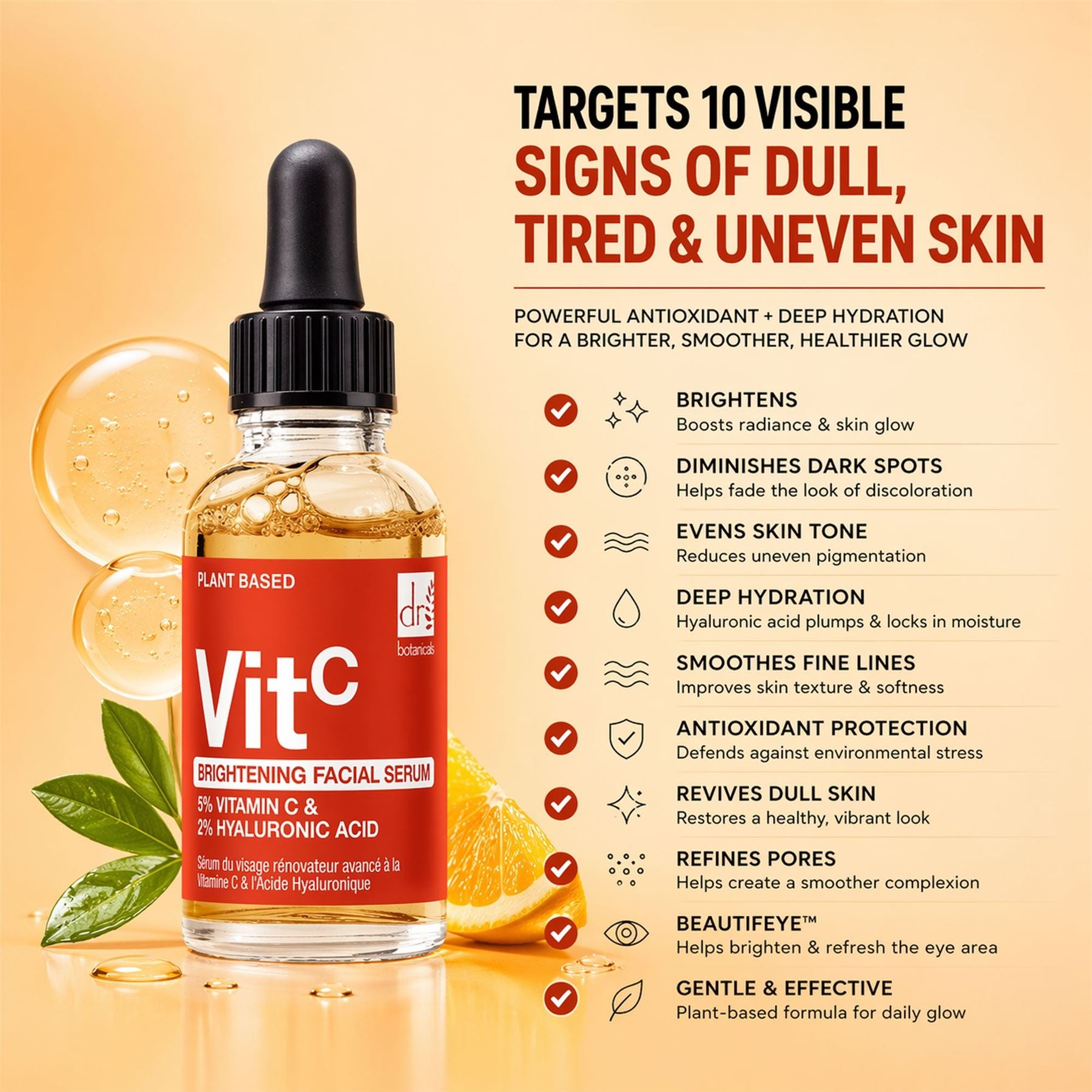 Sérum éclaircissant pour le visage à 5 % de vitamine C et 2 % d'acide hyaluronique – 30 ml