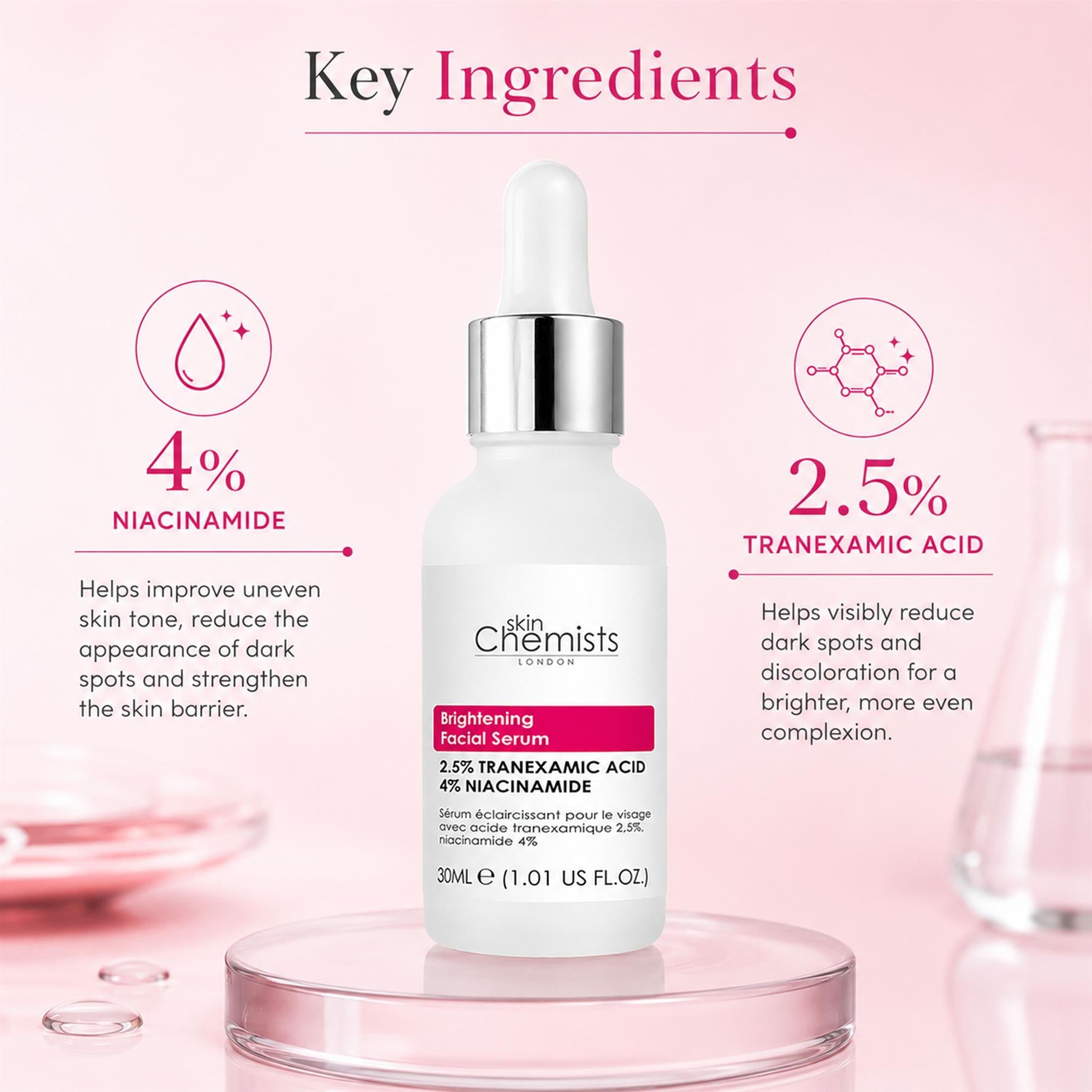 skinChemists Brightening Facial Serum with Tranexamic Acid 2.5% and Niacinamide 4% 30ml