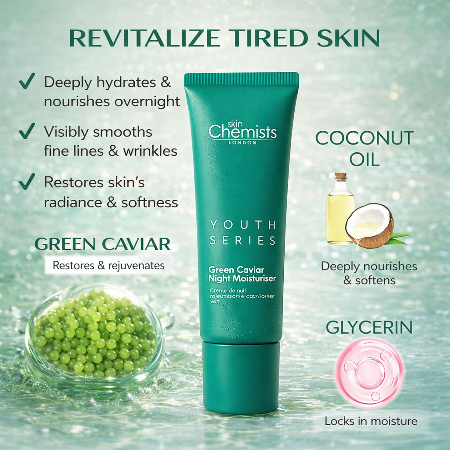 Crème de nuit hydratante au caviar vert de la gamme Youth Series 50 ml