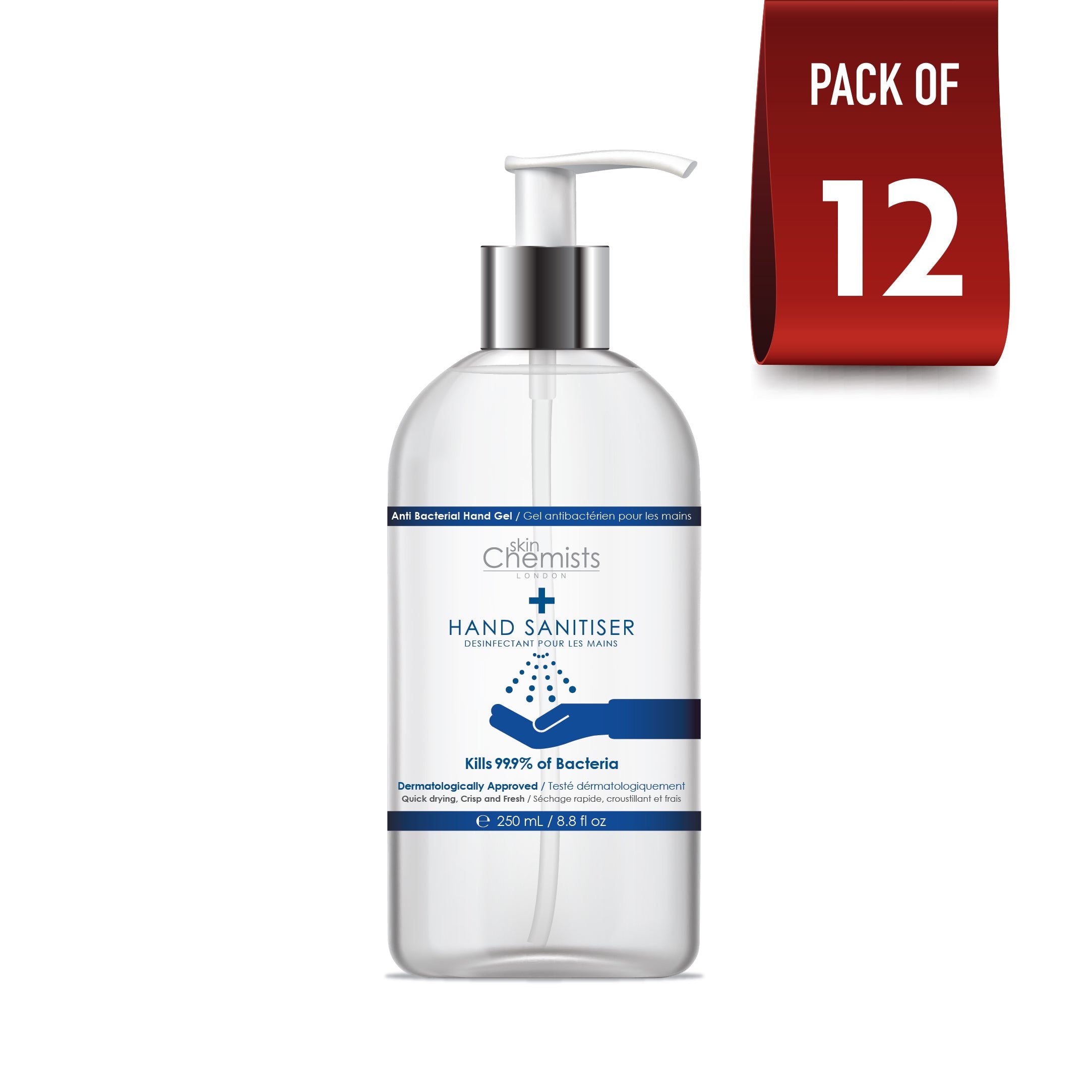 Gel hydroalcoolique pour les mains 250 ml, lot de 12