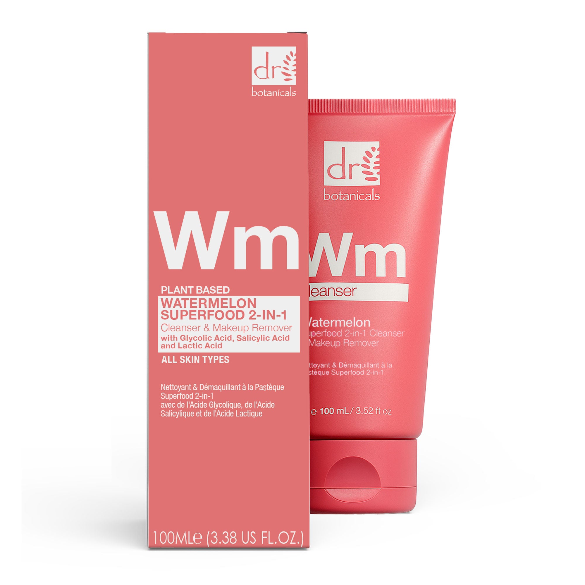 Nettoyant et démaquillant 2 en 1 à la pastèque, superaliment, 100 ml, à base d'acide glycolique, d'acide salicylique et d'acide lactique.