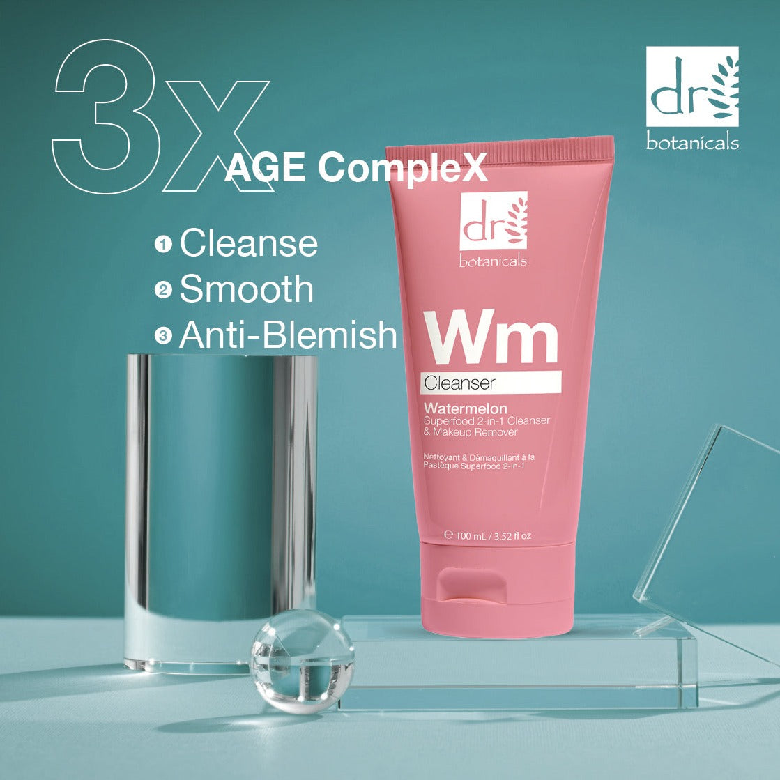 Nettoyant et démaquillant 2 en 1 à la pastèque, superaliment, 100 ml, à base d'acide glycolique, d'acide salicylique et d'acide lactique.