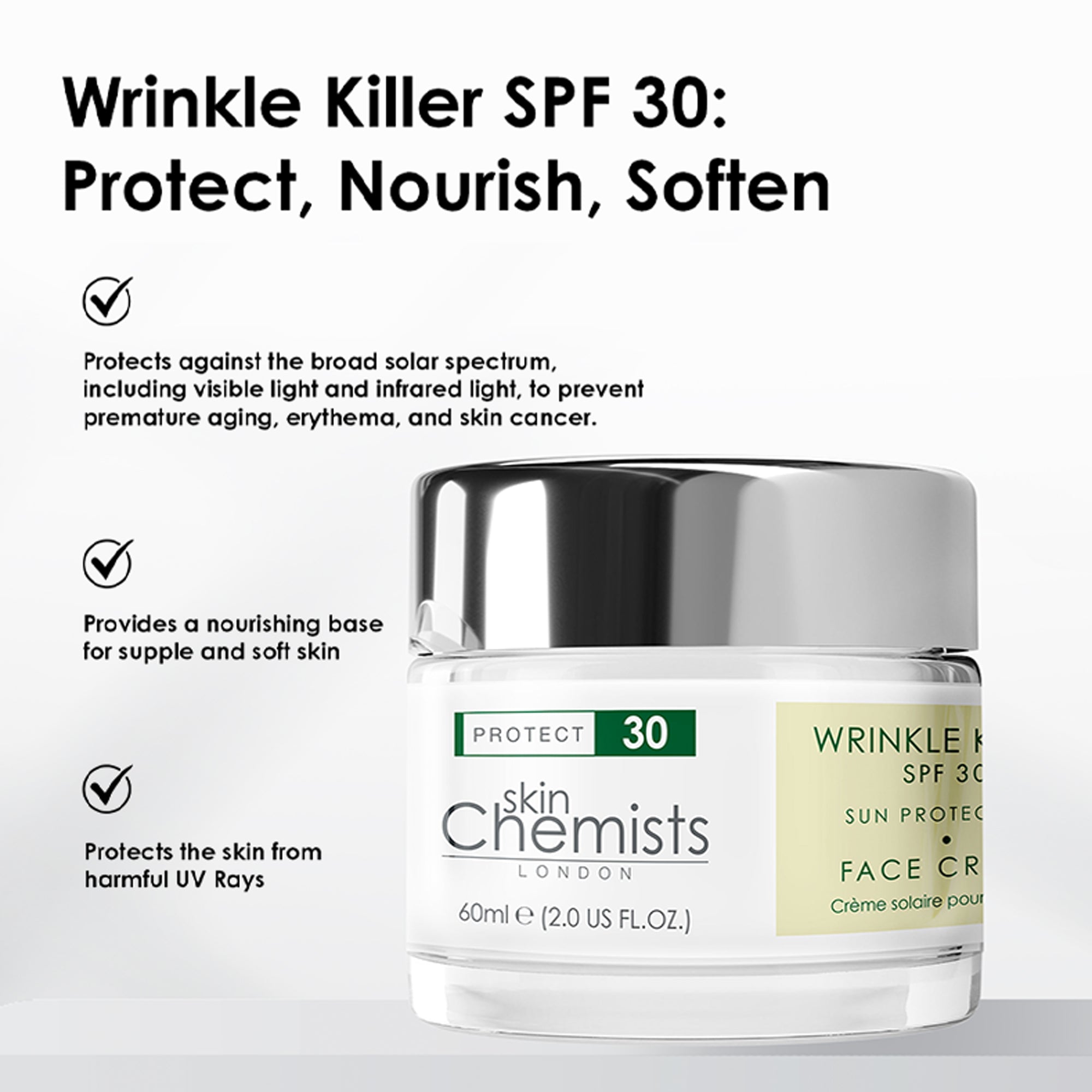 Crème de jour anti-rides avec protection solaire SPF 30, lot de 2 x 60 ml