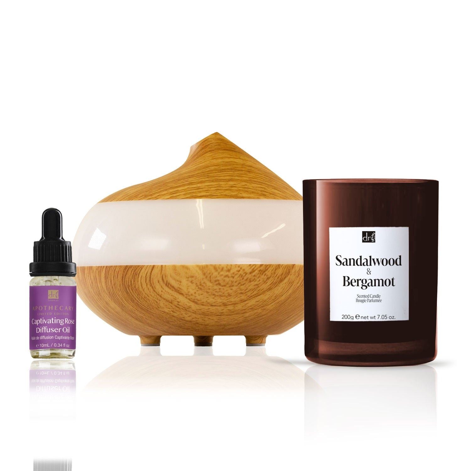 Coffret diffuseur de luxe pour relaxation à la rose avec bougie au bois de santal et à la bergamote