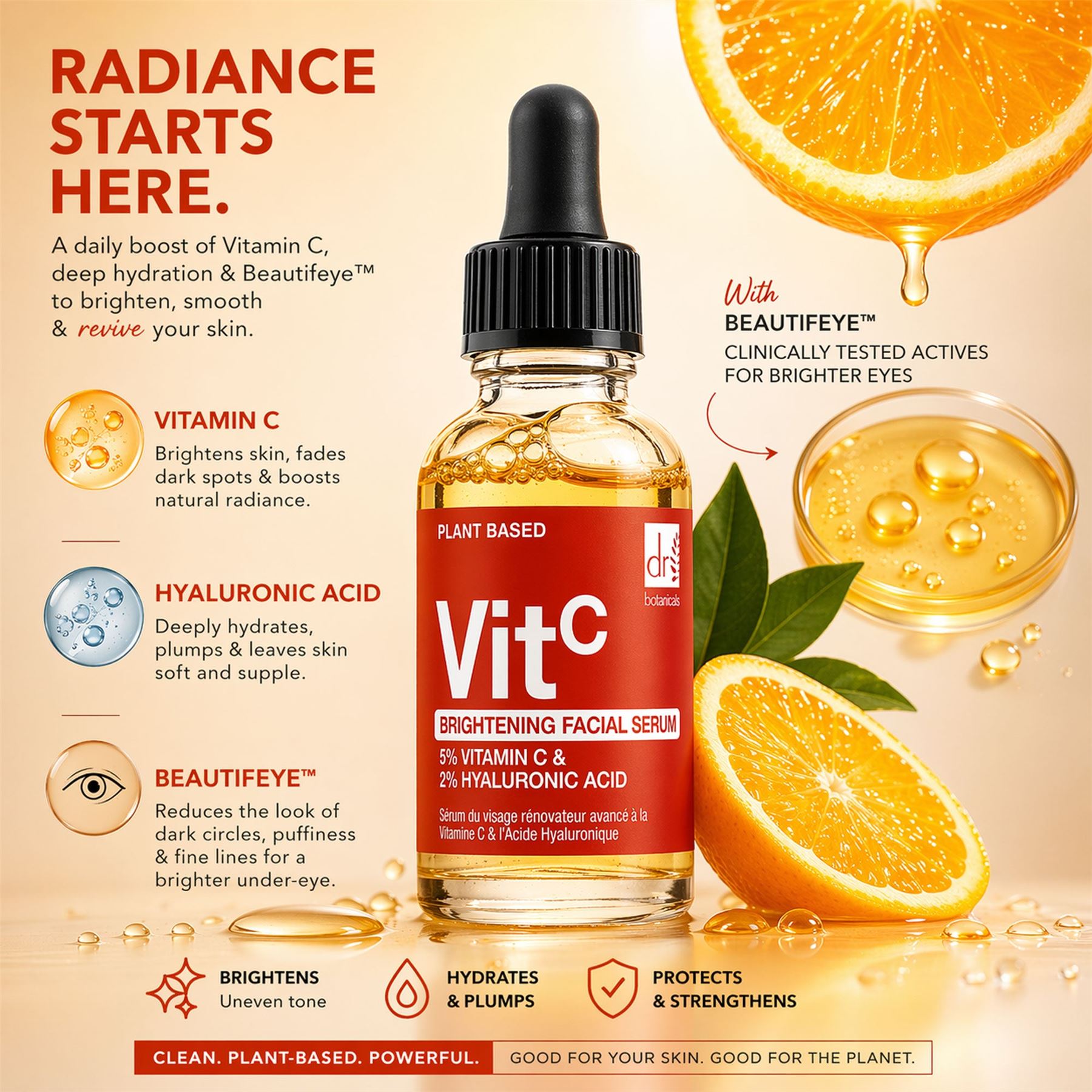 Sérum éclaircissant pour le visage à 5 % de vitamine C et 2 % d'acide hyaluronique – 30 ml