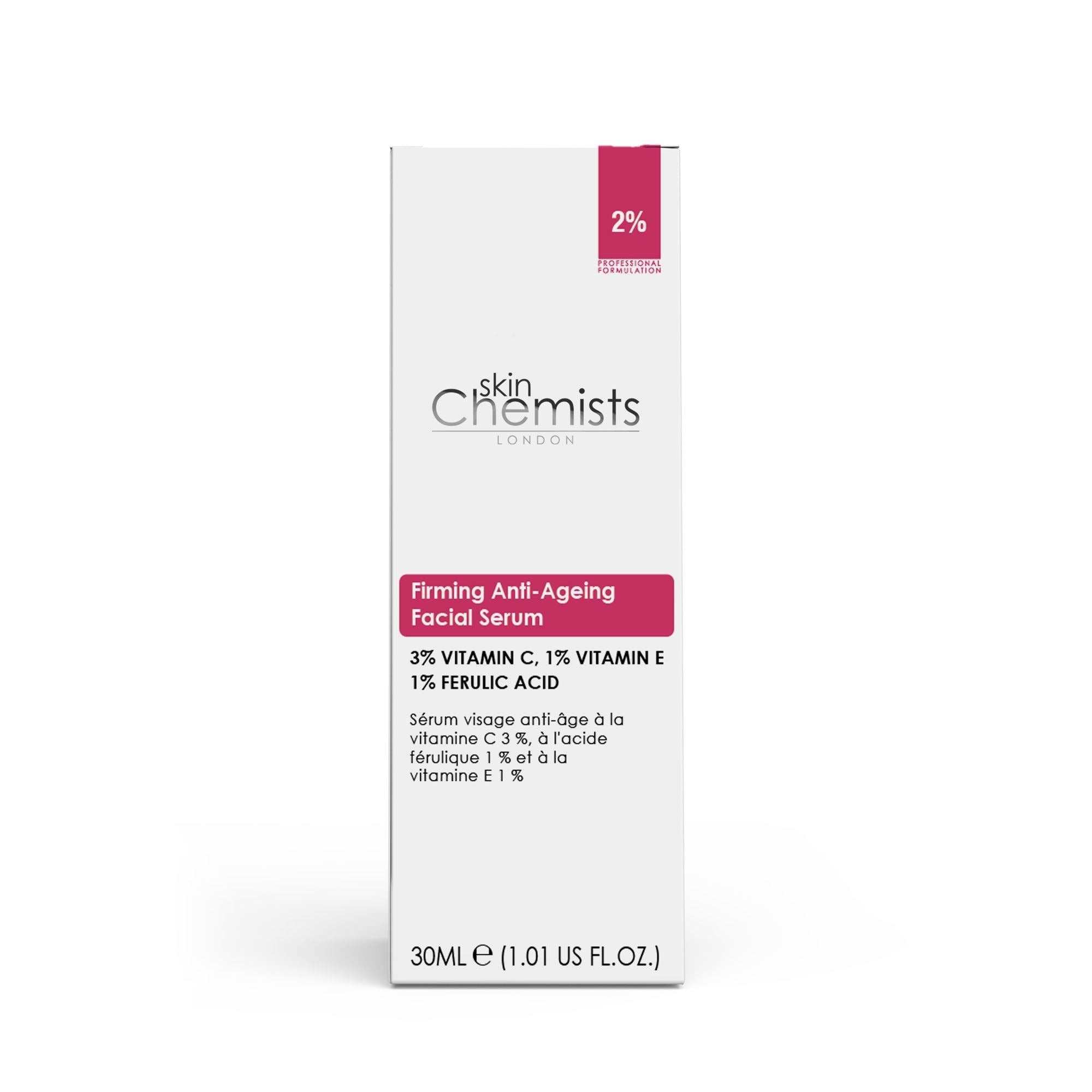 Sérum visage anti-âge skinChemists contenant 3 % de vitamine C, 1 % d'acide férulique et 1 % de vitamine E